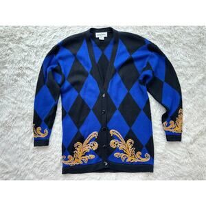 Vintage Blue and Black Diamond Cardigan Sweater